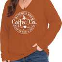Plus Size Women Halloween Tee Shirt Pumpkin Face Long Sleeve Tee Tops Coffee Letter Print Gift T-Shirt (3X-Large, Orange-1w)
