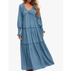 Women Summer Casual V Neck Long Sleeve Maxi Dresses 2026 Solid Ruffle Tiered Pleated Flowy Long Wedding Guest Dress XL
