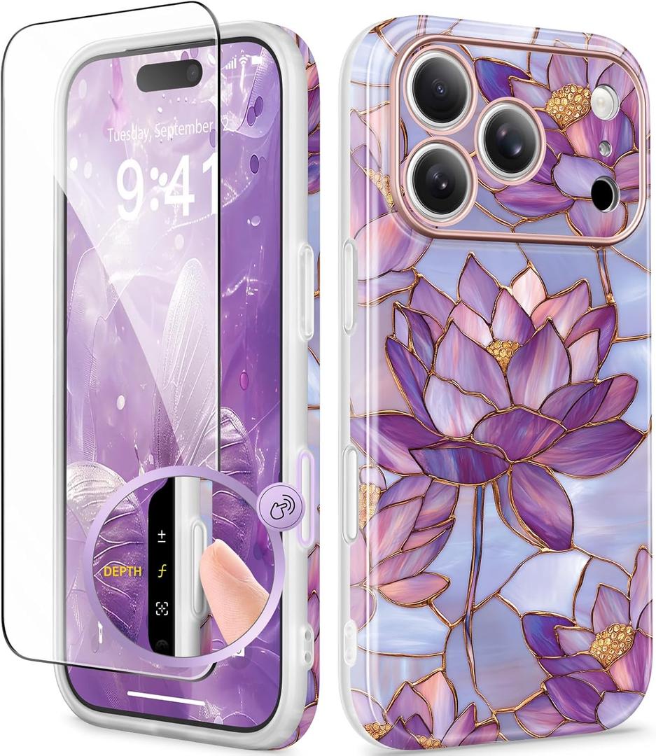 GVIEWIN for iPhone 17 Pro Case for Women, [Compatible with MagSafe] [Upgraded Full Camera Protection] [Screen Protector], Stylish Floral Shockproof Phone Case for iPhone 17 Pro 6.3", Lotuses/Purple