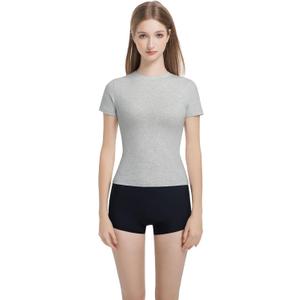 Womens Slim Fitted Crew Neck T-Shirt Stretchy Cotton Y2K Short Sleeve Tees for Workout Basic Tees Going Out Tops (Gray, S)