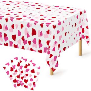 4 Pack Valentines Decorations, 108" X 54" Valentines Tablecloths, Heart-shaped Disposable Red Pink Tablecloths Love Plastic Table Cover, Galentines Decorations Party Supplies for Wedding Birthday