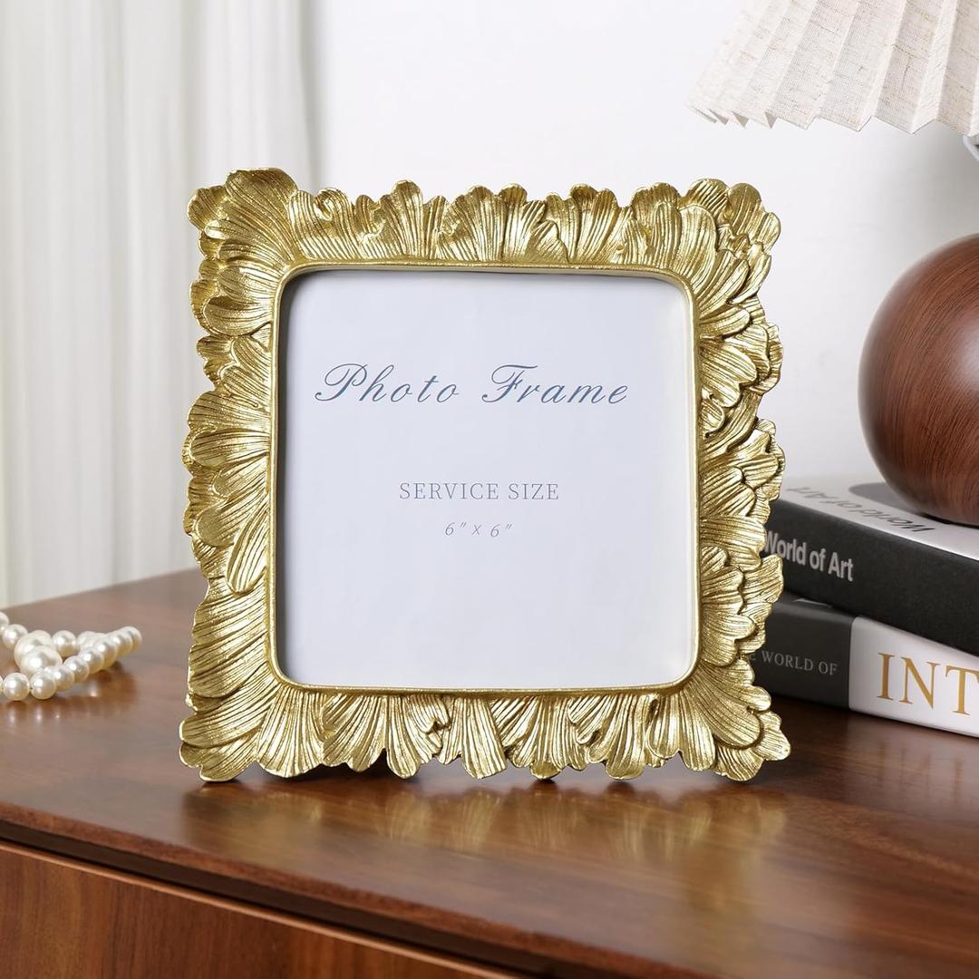 Cuspin 6x6 Picture Frame Gold Frames, Vintage Palm Leaves Textured Hand-Crafted Resin Frames with Glass Front, Retro Square Photo Frame for Wall Hanging and Tabletop Display Home Decor (Feather Petal Gold)