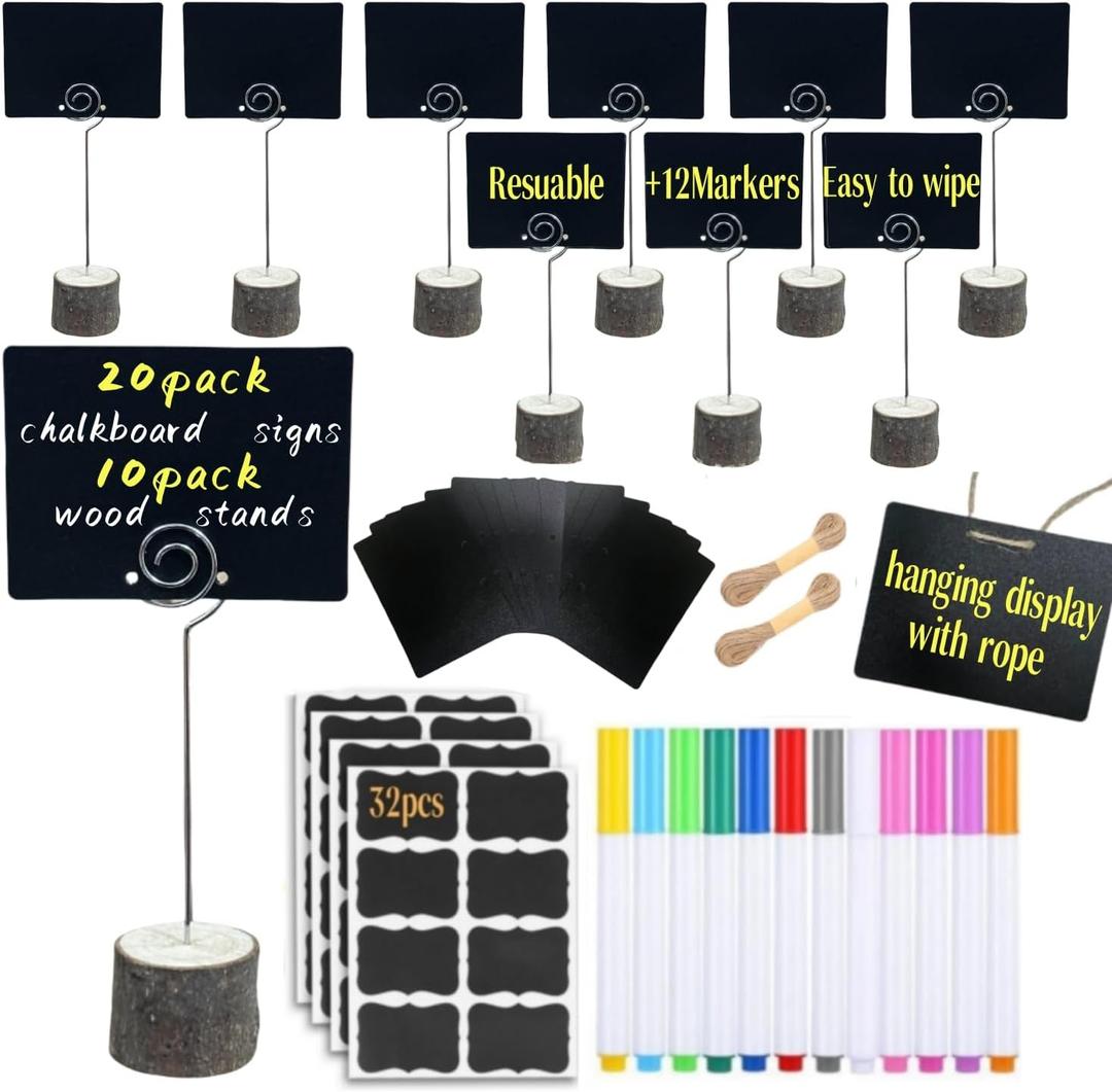10 Pack Mini Chalkboard Signs Food Tags for Party Buffet with Wooden Stands, Reusable Hanging Chalk Boards for Weddings Bakery Birthday Place Cards, Table Numbers