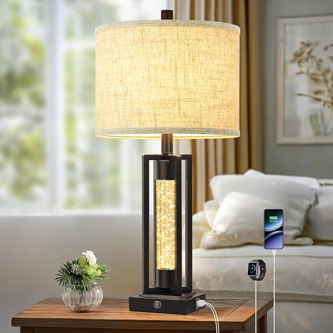 TOBUSA 26" Farmhouse Table Lamp for Living Room, Vintage Crystal Nightstand Lamp with 2 USB Ports, Rustic Bedside Lamp with Fabric Shade, Modern Black Desk Lamp with Crystal Night Light for Bathroom (1 Pack-Black)