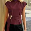 PRETTYGARDEN Women Blouses Spring Dressy Cap Sleeve Mock Neck Work Shirts Buckle Tunic Summer Business Casual Tops 2026 (L)