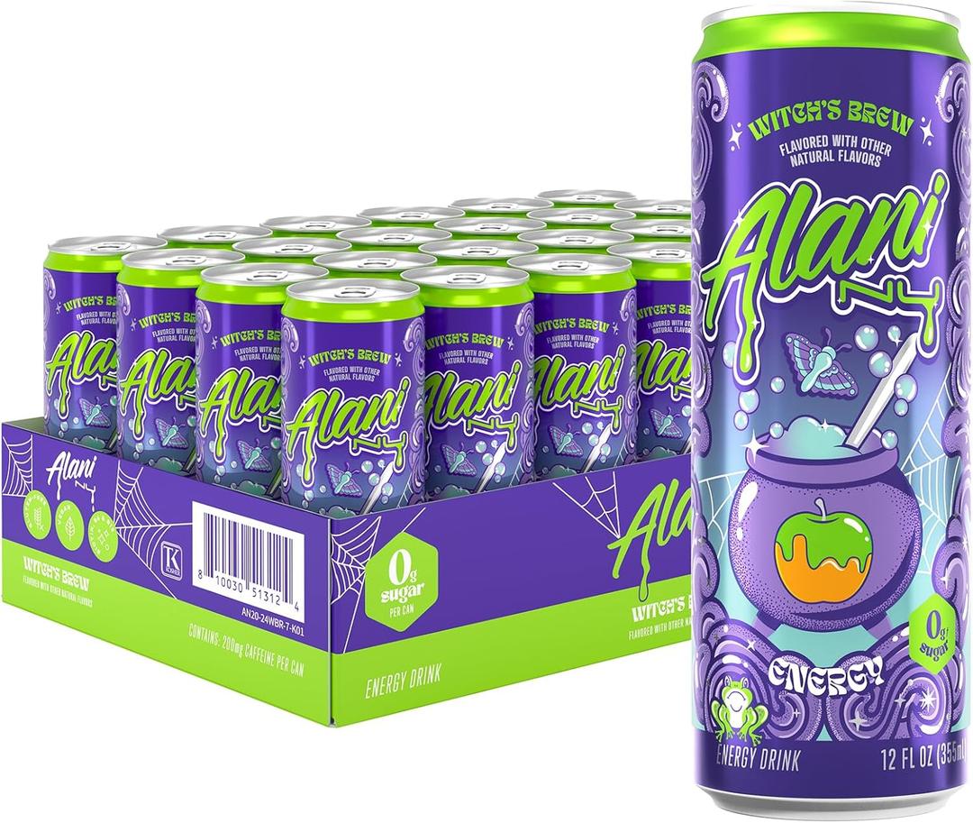 Alani Nu WITCH'S BREW Sugar Free, Low Calorie Energy Drinks, 200mg Caffeine, Antioxidants, Biotin B Vitamins, Zero Sugar, 15 Calories or Less, 12 Fl Oz Cans (24 Pack) (BB: 07/2027)