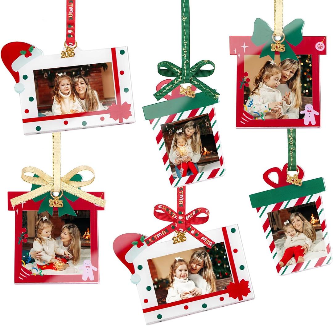 UNIQOOO 2025 Decorative Xmas Gift Acrylic Picture Frame Ornaments for Picture Display, 6Pcs Ribbon Bow Festive Hanging Decoration, Double-Sided Photo Frames for Christmas Tree Decor