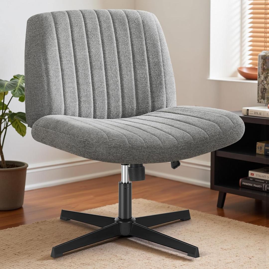 DUMOS Desk Chair No Wheels, Criss Cross Chair Wide Cross Legged Office Desk Vanity Comfy Chair, Armless Adjustable Swivel Chairs for Home Computer Task Gray