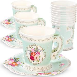 Talking Tables TS6-CUPSET Disposable Truly Scrumptious Party Vintage Floral Tea Cups and Saucer Sets, Mint Green (12Pack)