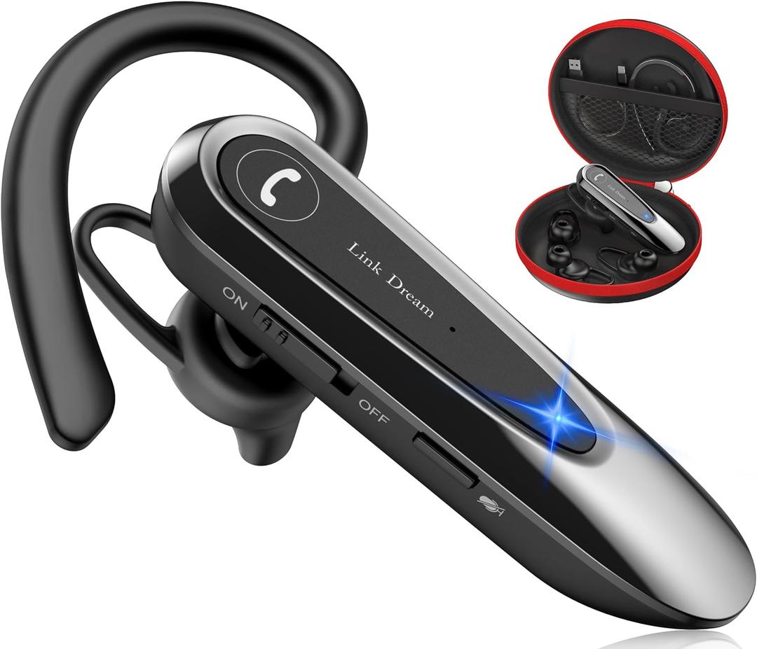 Link Dream Bluetooth Earpiece Wireless CVC8.0 Headset for Cell Phone Dual Mic Noise Canceling Earpiece Phone with Mute Key 20H Talk 180 Days Standby for iPhone Android Home Office Driving (Pack of 1)