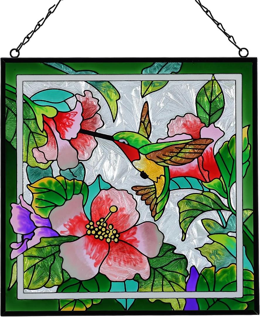 Stained Glass Window Hanging, Hand-Painted Suncatcher with Chain, Sunflower Butterfly and Hummingbird Hibiscus, Round, 7 Inch, Nature Theme, Home Decor Gift (Hummingbird)