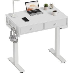 White Electric Standing Desk with Drawers, 32 Inch Small Adjustable Desk with Storage, Stand Up Computer Study Writing Desks for Small Space Home Office Bedroom, Sit Stand Work Desks for Walking Pad, 31.5''