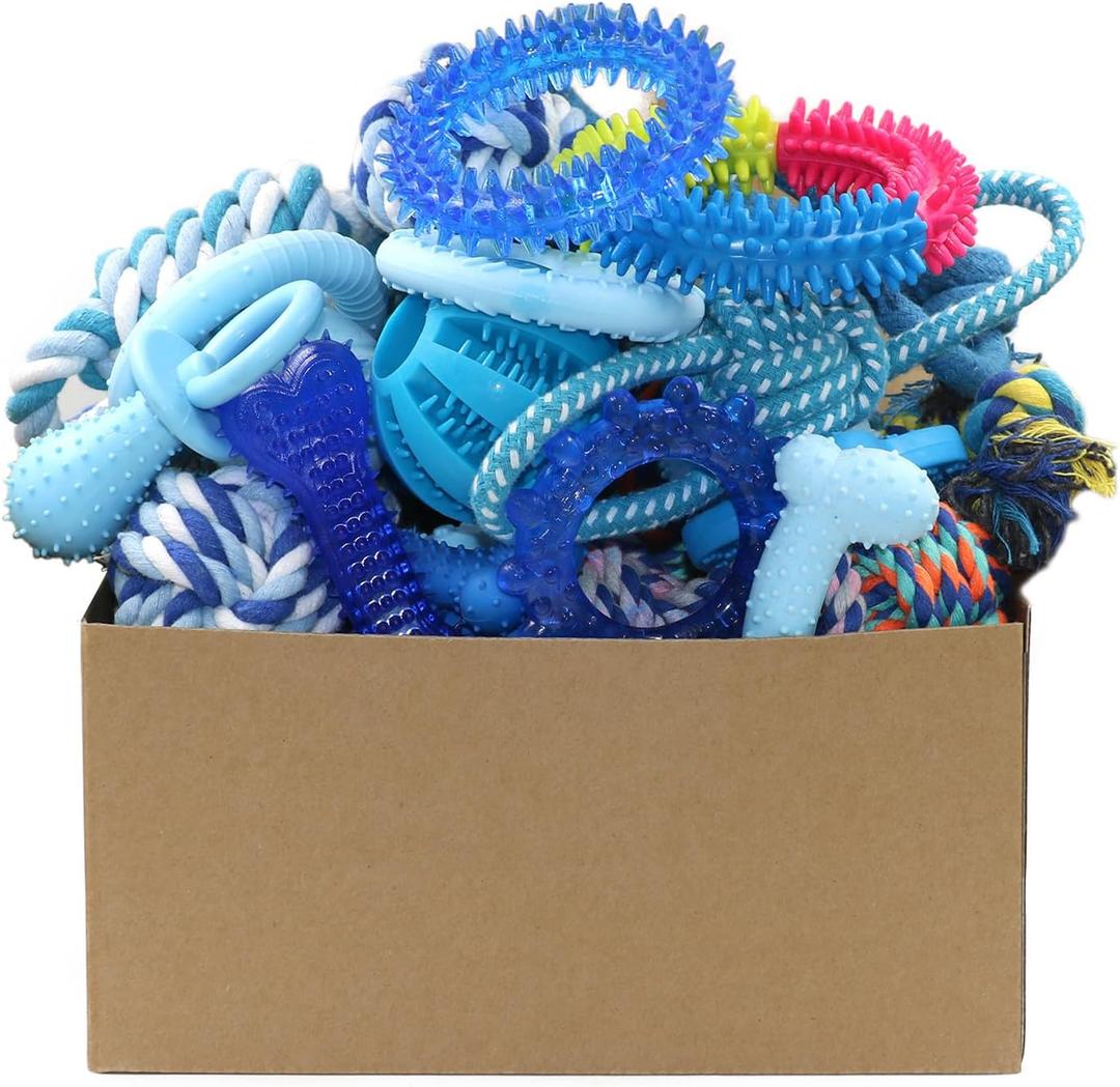 Beiker 20 Pack Puppy Chew Toys - Blue Dog Teething Toys for Puppies, Puppy Teething Rings and Ropes, Rubber Toy Bundle for Small Dogs, Cute Interactive Dog Balls for Small Breed