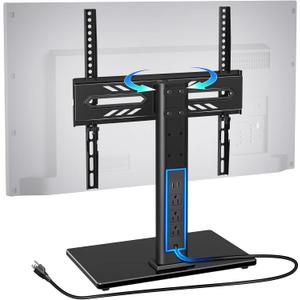Greenstell TV Stand with Power Outlet, Universal TV Mount Stand for 27-65 inch TVs, Height Adjustable, Swivel Table Top TV Stand with Tempered Glass Base, Holds up to 88 LBs, Max VESA 400x400mm