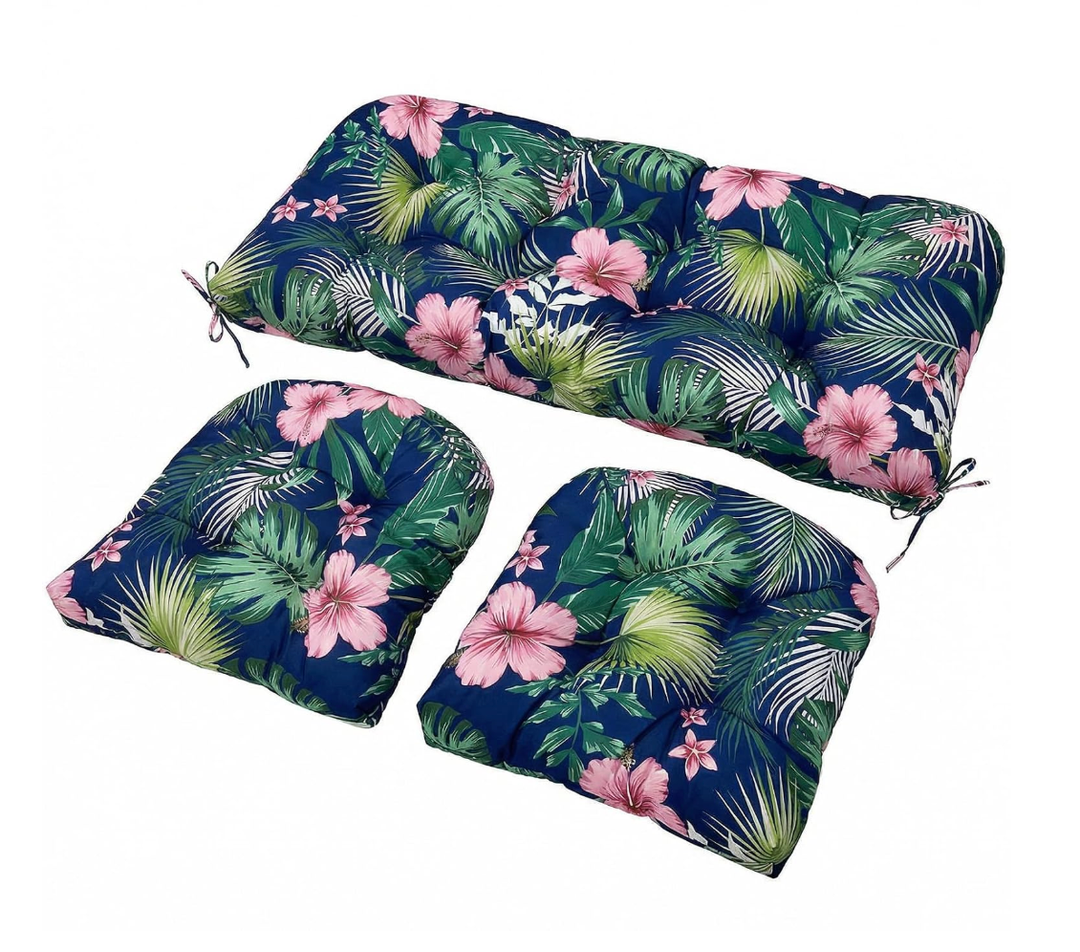 Wicker Chair Cushions Set, 2 U-Shaped Cushions & 1 Loveseat, Waterproof Outdoor Loveseat Cushion for Patio Furniture, Settee Bench Pad All Weather,FlowerLeaf