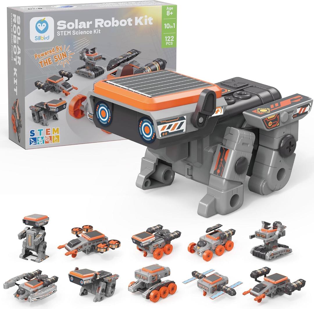 Sillbird Solar Robot Building Kit STEM Gift for Boys Girls Ages 8-14, DIY Educational Science Set for Kids Birthday, 10-in-1 Space Robotics Toys Powered by Sun with 112PCS (Grey)