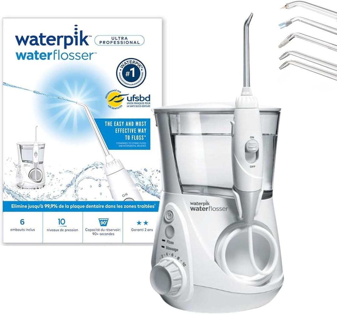 Waterpik Aquarius Water Flosser For Teeth Cleaning, Gums, Braces, Dental Care, Electric Power With 10 Settings, 7 Tips For Multiple Users And Needs, ADA Accepted, White WP-660
