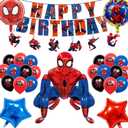 Cartoon spidey - themed birthday party supplies: "Happy Birthday" banner, 12inch latex balloons , 2 types of aluminium balloons hanging swirls,assemble the aluminum balloon