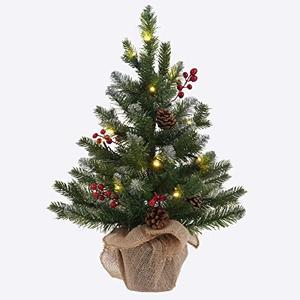 MEETYAMOR 2 FT Mini Christmas Tree, 24" PE Prelit Small Artificial Tabletop Snow Flocked Christmas Trees Decor with 20 Lights Timer, Outdoor Indoor Porch Table Centerpieces Xmas Christmas Decorations