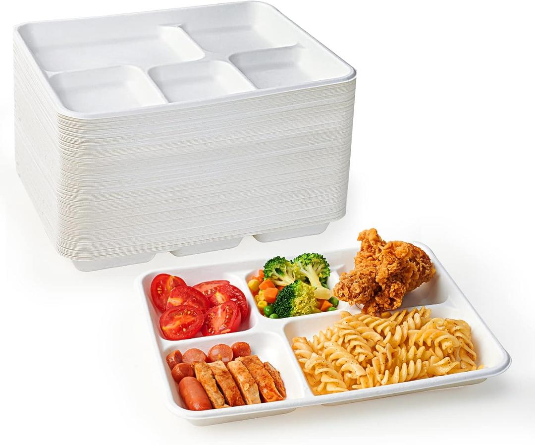 ECOLipak 100% Compostable 5 Compartment Plates, 125 Pack Disposable Paper Plates, Heavy-Duty Biodegradable Sugarcane Plates, Eco-Friendly School Lunch Trays (10.25*8.25 inch)