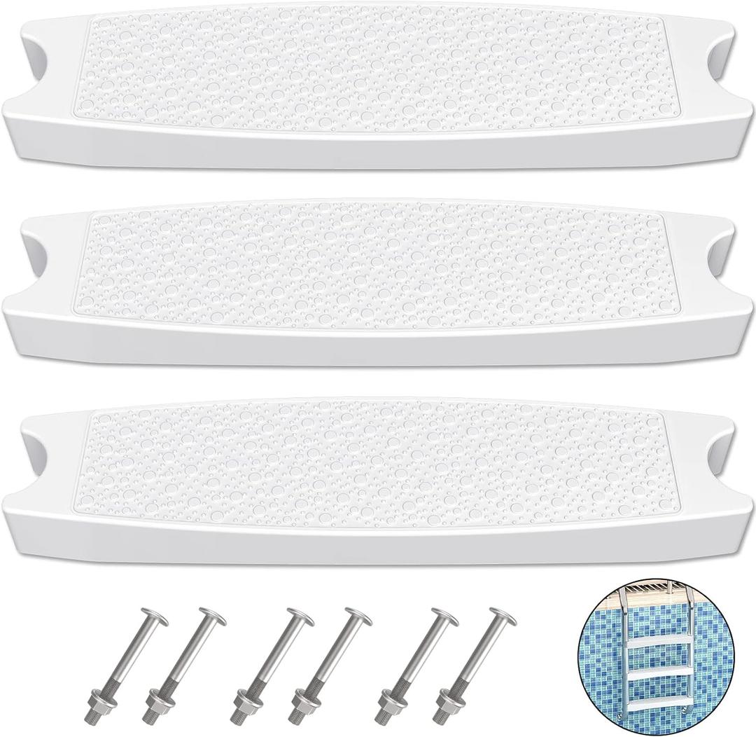 Goovilla Pool Ladder Steps Replacement, (3-Pack) 18" Universal Heavy-Duty Molded Plastic Swimming Pool Ladder Rung Step with 6 PCS Stainless Steel Bolts for Inground and Above Ground Pools, White