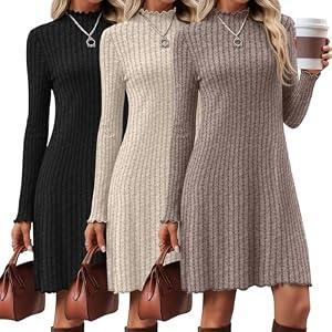 Velvelhall 3 Pack Women's Long Sleeve Sweater Dresses Ribbed Knit Lettuce Trim Mock Turtleneck Short Casual Slim Fit Dresses(Coffee, Cream, Black,Large)