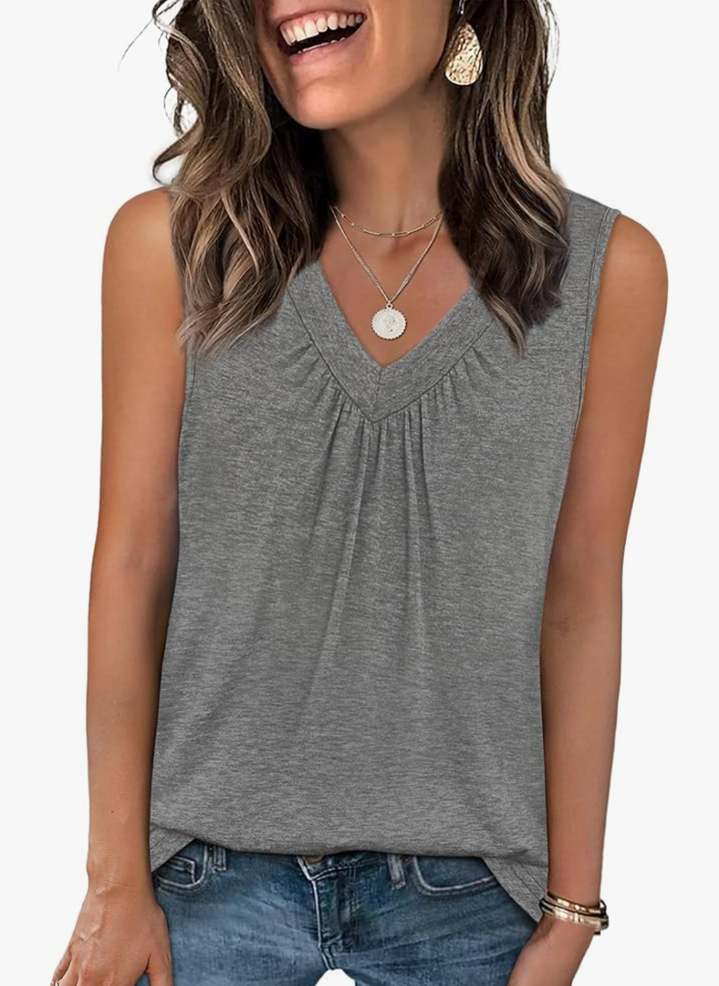 OFEEFAN Tank Top for Women Loose Fit Sleeveless Shirts V Neck Summer Clothes Ruched Women's Tees and Tanks Curved Hem Small