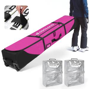 Odoland Rolling Ski Bag, Padded Snowboard Bags and Ski Boot Bag with Wheels for Air Travel, 900D Water Resistant Oxford Fabric, Fits 2 Pairs Skis Up to 170/190cm, Foldable Snow Bag with 2 Storage Bags (170cm, Purple)