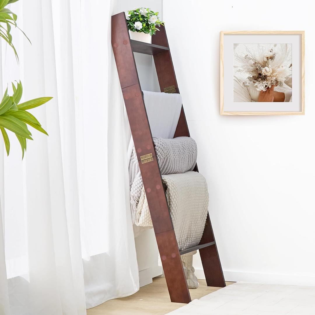XUNIQUE 5-Tier Blanket Ladder for The Living Room, 4.8 FT Anti-Slip Decorative Ladder Shelf Leaning Quilt Rack, Lightweight, Easy Assemble, Wooden Blanket Rack (Brown)