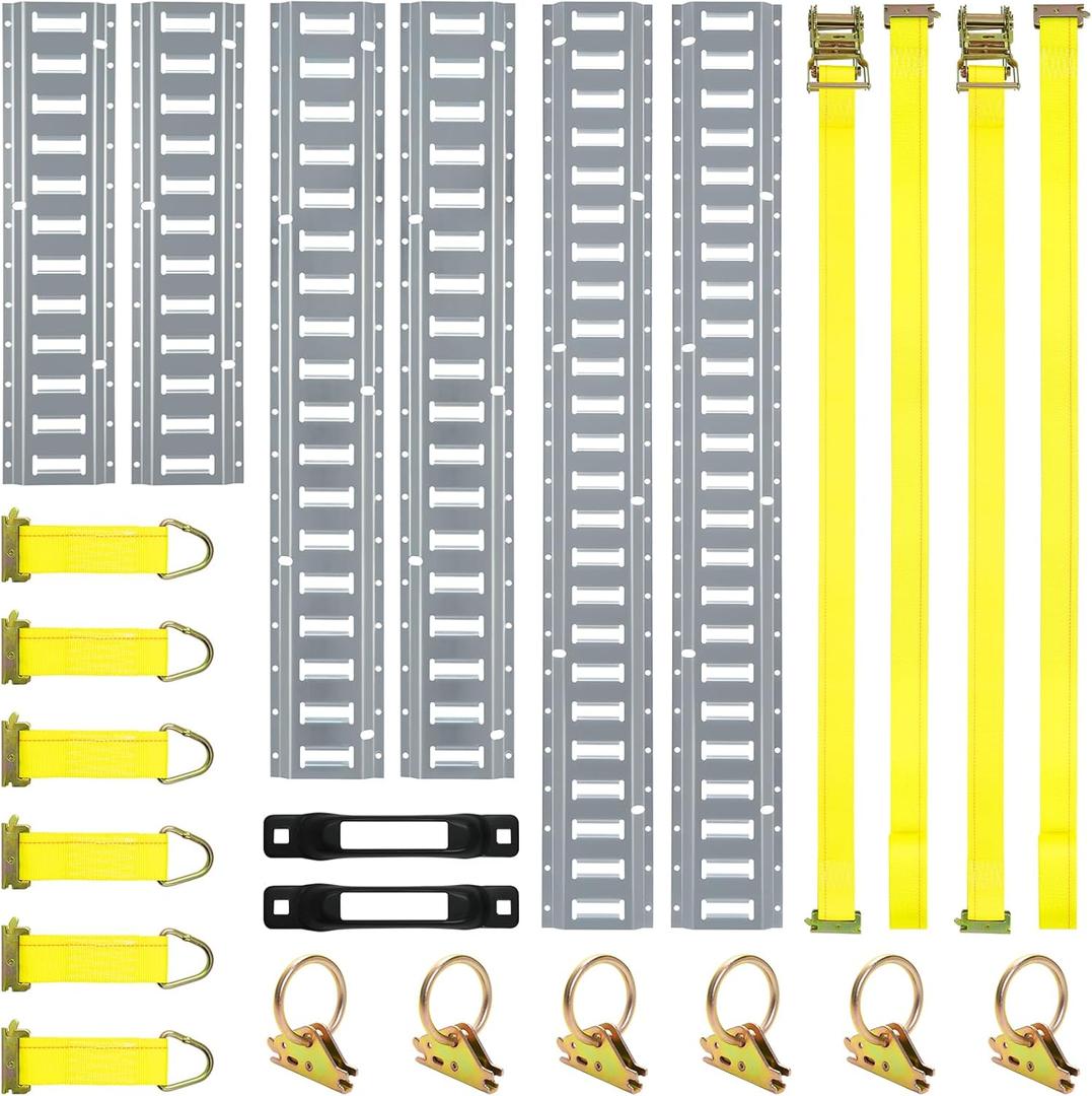 Elechomes E Track Tie-Down Rail Kit22 Pcs Set Etrack kit 6 Rails, 2 Ratchet Straps, 6 Rope Tie Offs, 6 O Ring Anchors, 2 Single Slot Anchors Securing Accessories for Garages Vans Motorcycle Silver