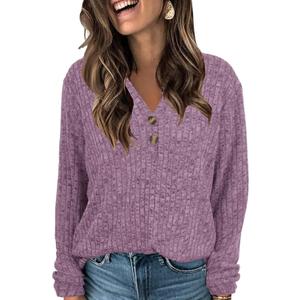 V Neck Sweaters for Women Long Sleeve Tunic Tops Knitted Casual Loose Pullover Sweaters (Small, Purple)