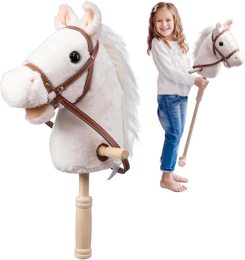 HollyHOME Stick Horse Plush Handcrafted Hobby Horse on a Stick with Wood Wheels Real Pony Neighing and Galloping Sounds for Kids Toddlers White 36 Inches (AA Batteries Required)