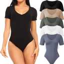 CE' CERDR 5 Pack Bodysuits for Women Short Sleeve Deep V Neck Tops T-shirt Bodysuit Casual Outfits (Small, 5 Pack Black, White, Nude, Olive Green, Dark Blue)