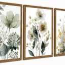 Wood Framed Sage Green Botanical Wall Art Set of 3, Boho Floral Canvas Wall Decor Paintings, Minimalist Flower Posters Prints for Bedroom Bathroom Living Room Stockholm Room Decor Home 12x16 Inch
