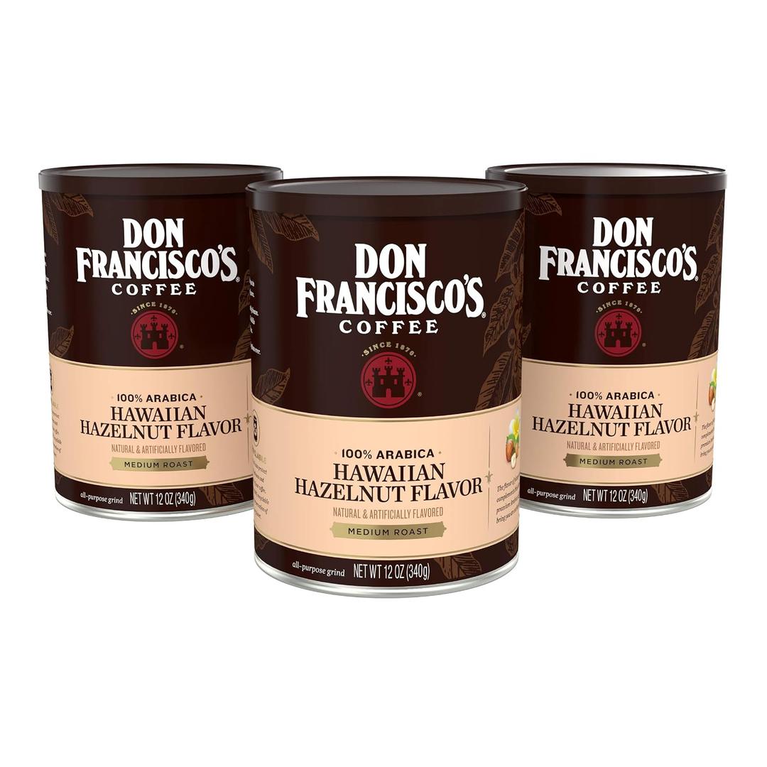 Don Francisco's Hawaiian Hazelnut Ground Flavored Coffee: Rich, Aromatic 100% Arabica Beans - (3 x 12 oz Recyclable Cans), EXP: 07/21/27