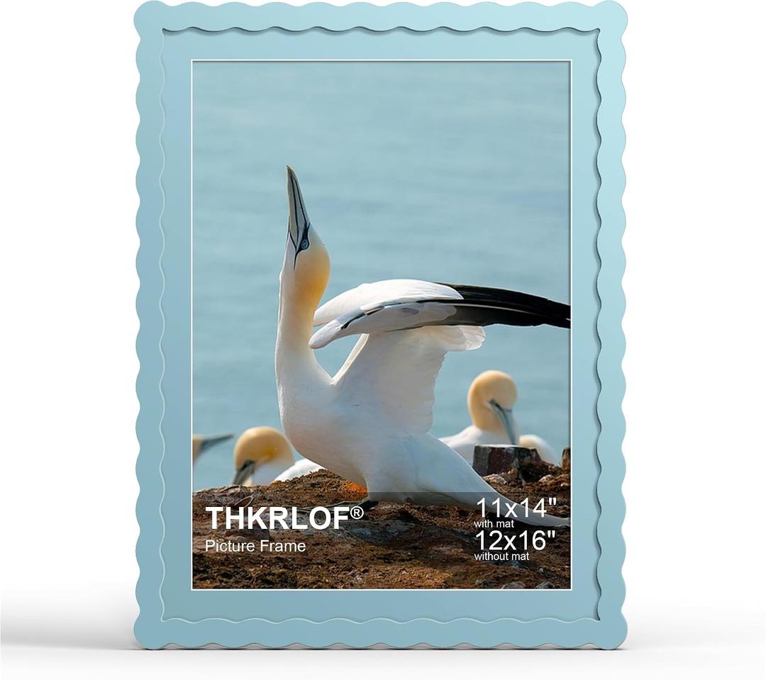 12x16 Picture Frame with Mat for 11x14, Wavy Edge Wooden Real Glass Photo Frame for Wall Hanging, Blue, 1 Pack