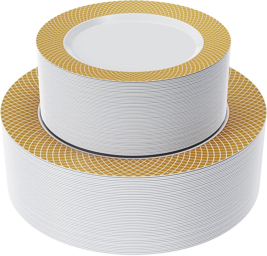 FOCUSLINE Gold Plastic Plates Set of 102, Disposable Plates with Gold Grid Rim 51 Dinner Plates 10" and 51 Salad Dessert Appetizer Plates 7", Elegant Fancy Heavy Duty Wedding Party Plates