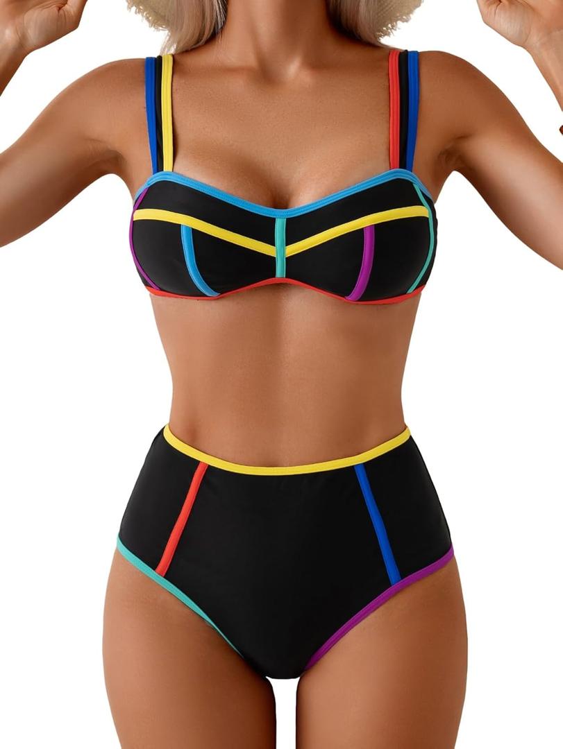 Eomenie Bikini Sets for Women Two Piece Swimsuits High Waisted Color Block Bathing Suits Tie Back Swimwear (X-Large, Black Yellow Blue)