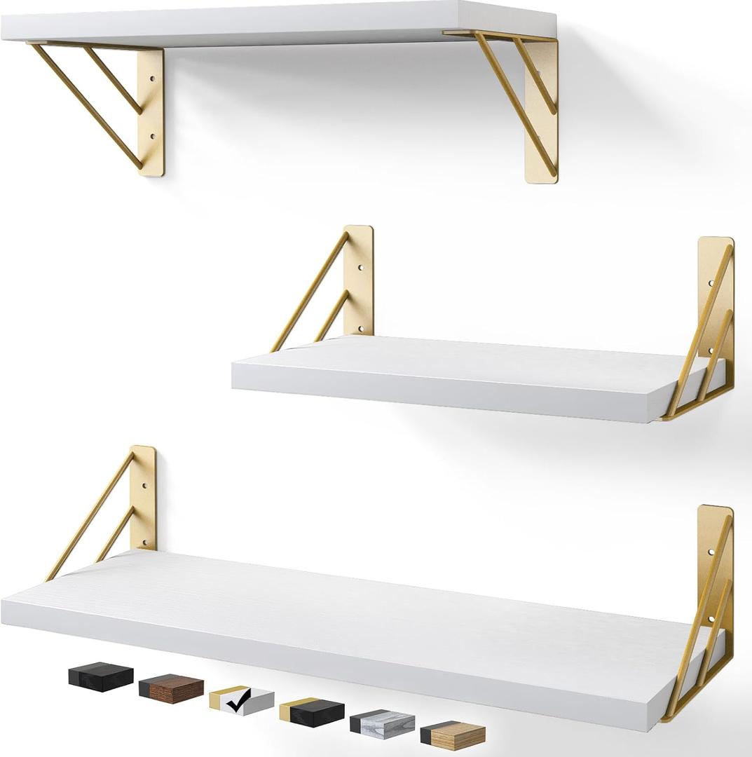 BAYKA Wall Shelves for Bedroom Decor, Floating Wall Shelves for Living Room Kitchen Storage, Wall Mounted Rustic Wood Shelves for Kids Books,Corner Shelves for Bathroom(White and GoldSet of 3) (3-Piece Set, White Gold)