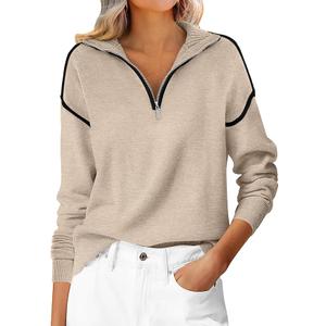 ANRABESS Womens Quarter Zip Sweaters Fall Long Sleeve V Neck Shirts Collared Business Casual Tops Knit Pullover Sweatshirts Almond M