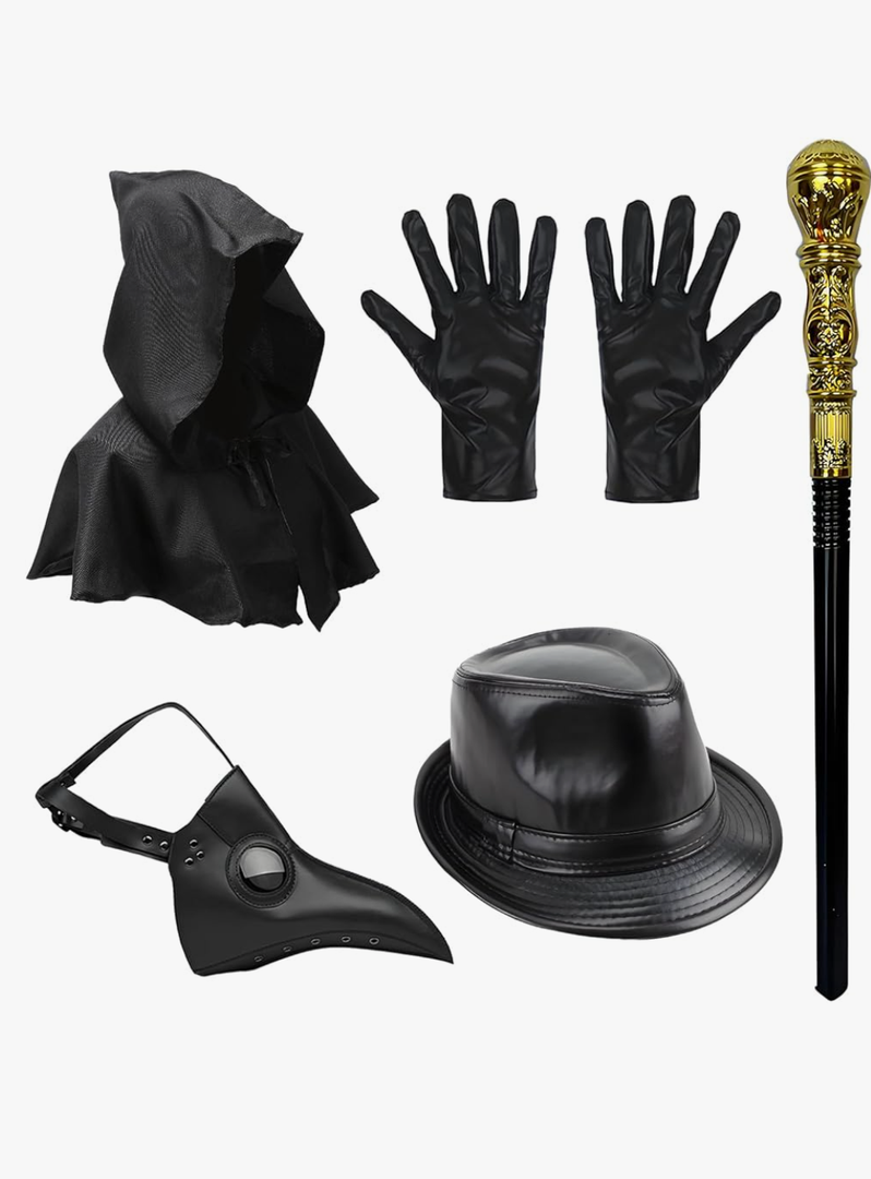 Halloween Plague Doctor Mask Accessories Adults 6 Pcs Black Steampunk Costume Crow Mask Cape Hat Gloves Cane for Cosplay