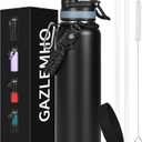 GAZLEMHO 40 oz Insulated Water Bottle with Straw& Spout 2-in-1 Lid, Triple Wall Vacuum Stainless Steel Cold 48H, Leak Proof Sports Metal Flask Jug with Paracord Handle, Black