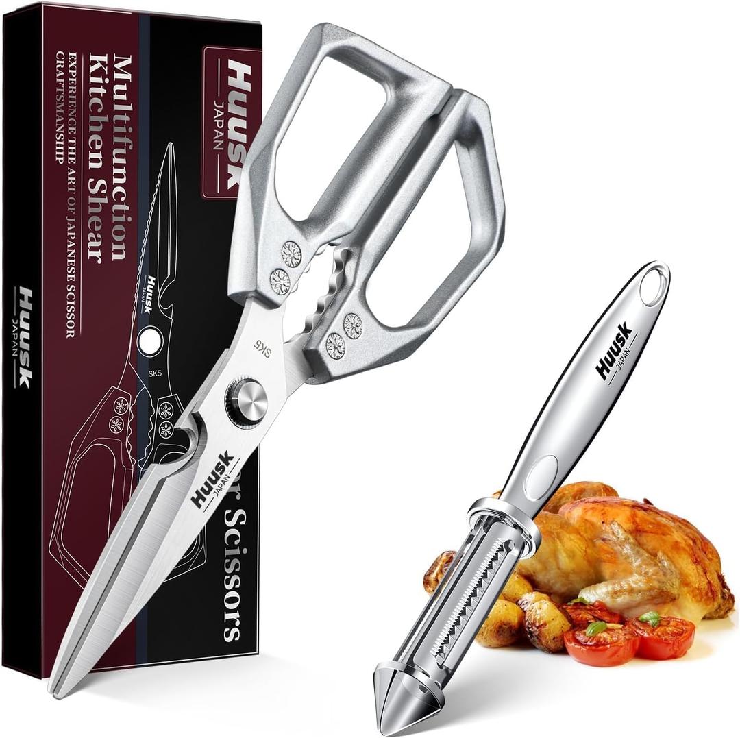 Huusk Kitchen Scissors and Potato Peelers Set, Multifunction Japanese Vegetable Peeler for Kitchen, Stainless Steel Cooking Shears with Fruit Peeler for Carrot, Veggie, Gifts for Women (Light Silver)