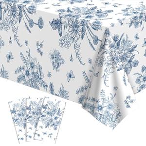 3 Pack Blue Floral Tablecloth, 54 X 108Inch Plastic Tea Party Tablecloths Disposable Vintsage Table Cloths Blue and White Porcelain Tables Decor for Mother's Day Birthday Garden Wedding Tea Party