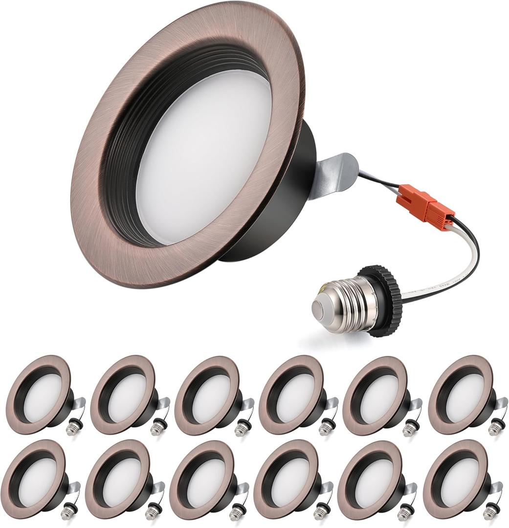 Premium Metal 4-Inch LED Recessed Lights Retrofit - Dimmable Baffle Can Lighting, 5CCT Selectable (2700K-6000K), 800LM, 9W, E26 Retrofit Recessed Lighting, Damp Rated, 4inch 12Pack Oil-Rubbed Bronze