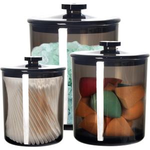 Youngever Black Plastic Apothecary Jars, Qtip Holder, Cotton Swab Holder, Bathroom Vanity Organizer for Cotton Balls, Cotton Pads, Qtips (3 Sets)