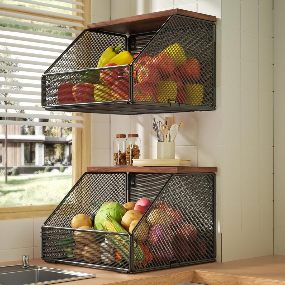 Stackable Fruit Basket for Kitchen Countertop Space Saving, Wall Mounted Mesh Metal Wire Basket with Wood Lid Extra Storage, 2 Pack Kitchen Counter Organizer for Snack, Onion and Potato Storage, Black