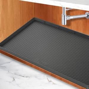 Under Kitchen Sink Mat 25" x 19", SAZTEAY Waterproof Silicone Under Sink Tray, Under Sink Protector Mat for Bathroom and Kitchen Cabinets(Black)