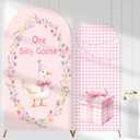 2PCS One Silly Goose Arch Backdrop Cover for Girl One Silly Goose 1st Birthday Decor 6ft 7.2ft Stretchy Spandex Pink Gingham One Silly Goose Arch Backdrop Stand Cover for Girl First Birthday Supplies