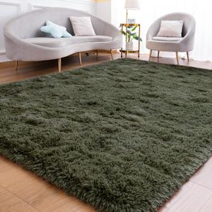 Fluffy Area Rug for Living Room Bedroom, 4 x 6 Olive Green Rug Fuzzy Non-Slip Modern Carpet Ultra Soft Faux Fur Rugs for Dorm Kids Room Home Decor